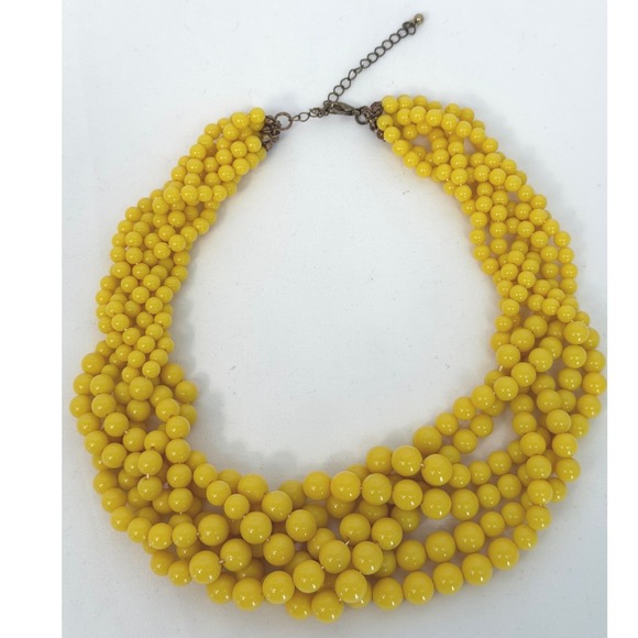 Yellow Multi Strand Beaded Bib Necklace Adjustable Brass Tone Clasp Boho 103-27 - Picture 7 of 10